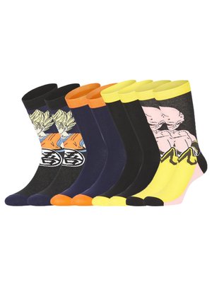 Sept paires de chaussettes de sport en noir, marine et jaune avec des motifs de personnages d'anime et des orteils et poignets de couleur contrastée.