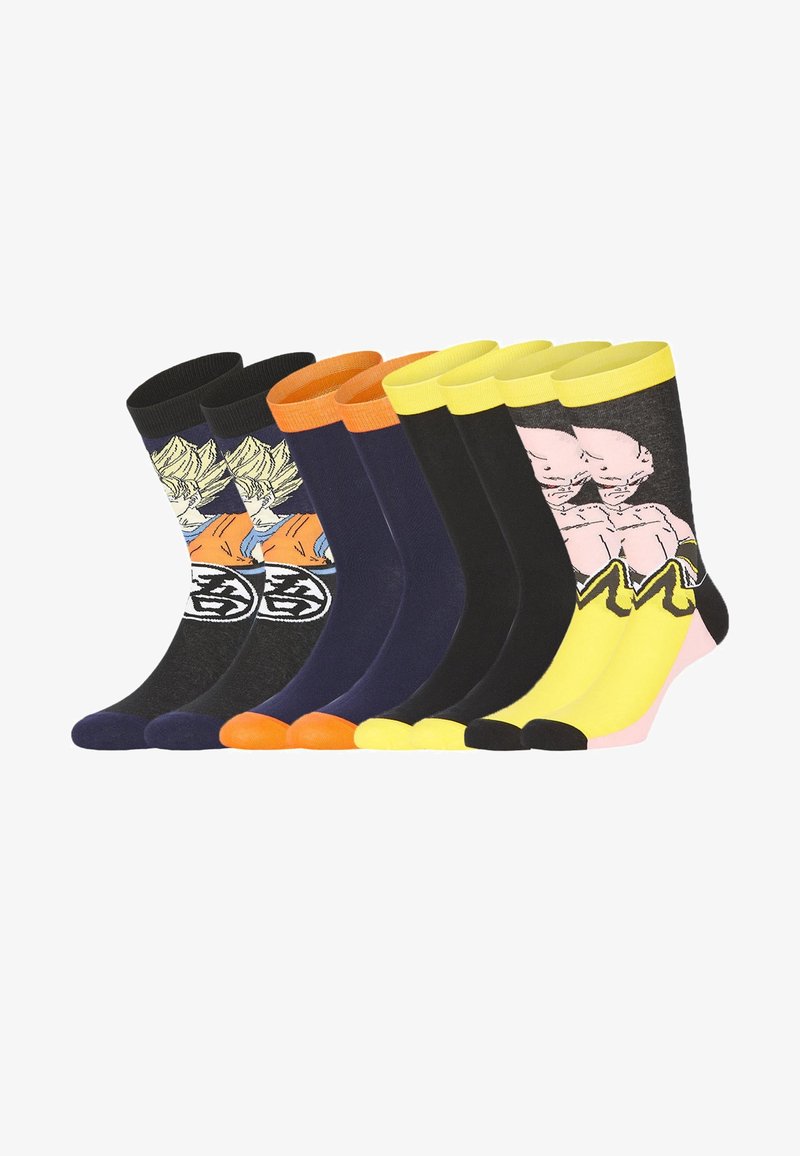 Sept paires de chaussettes de sport en noir, marine et jaune avec des motifs de personnages d'anime et des orteils et poignets de couleur contrastée.