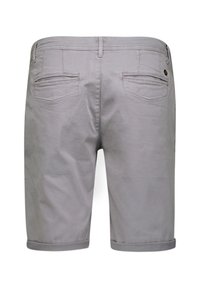 Grijze katoenen shorts met een stevige textuur, voorzien van twee achterzakken, een opgerolde zoom en een kleine metalen accent bij de tailleband.
