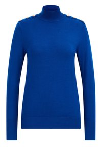 Blå stickad tröja med hög krage, långa ärmar och dekorativa guldknappar på axeln. Slät textur, kroppsnära design.