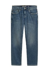 Blå denimjeans med rak skärning. Har fem fickor, blekta områden och en märkesetikett på midjan. Midjemått 31, längd 32.