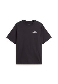 Camiseta de algodón negra con mangas cortas, cuello redondo y gráfico frontal que presenta el texto "VANS OFF THE WALL" en blanco.