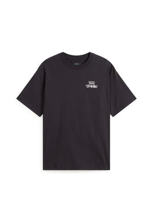 Czarna bawełniana koszulka z krótkim rękawem, okrągłym dekoltem i grafiką z przodu, na której znajduje się tekst „VANS OFF THE WALL” w kolorze białym.