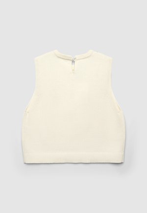 Ivory sleeveless ribbed knit top with a round neckline and back button closure. Features clean lines and a smooth texture.