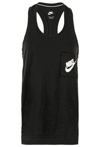 Černé tílko vyrobené z bavlny s kulatým výstřihem, designem na závodní záda a malou přední kapsou s bílým logem Nike.