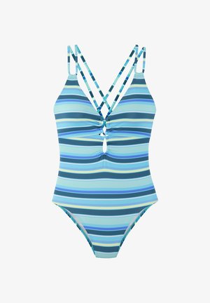 Traje de baño de una pieza en azul claro con rayas horizontales en tonos variados de azul y verde. Presenta tirantes entrecruzados y un corte en forma de llave.