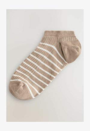 Beige bokazokni fehér csíkokkal, kötött anyagból, kerek orral, bordás szegéllyel, sima felülettel, könnyű kivitelben.