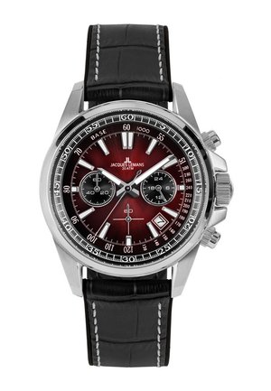 Herrenuhr von Jacques Lemans mit schwarzem Lederarmband, rotem Zifferblatt, silbernen Markierungen, Datumsfenster und zwei Chronographen-Subdials.