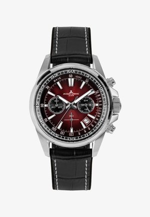 Orologio da polso da uomo Jacques Lemans con cinturino in pelle nera, quadrante rosso, indicatori argentati, finestra per la data e due sottoquadranti cronografici.