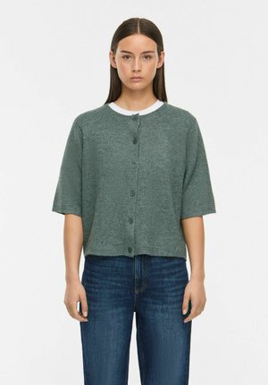 Femme aux cheveux raides et foncés porte un cardigan vert à manches courtes boutonné sur un haut blanc associé à un jean bleu, debout devant un fond blanc.