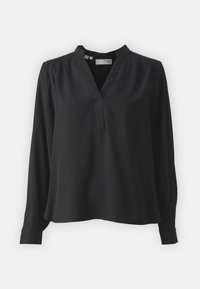 Schwarze Bluse mit langen Ärmeln, V-Ausschnitt und knopflosem Verschluss. Hergestellt aus glattem Stoff, mit lässigem Schnitt und manschettenärmel.