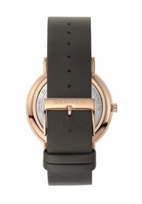 Runde Skagen-Uhr mit minimalistischem Design, Gehäuse aus rosegoldenem Edelstahl und einem dunkelgrauen Lederarmband. Minimale Details auf der Rückseite.