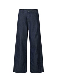 Temno modri široki hlače z visokim pasom, ki imajo sprednjo zadrgo in minimalno šivanje. Ravna, gladka tekstura brez vzorcev.