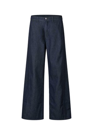 Pantaloni a gamba larga in denim scuro con vita alta, caratterizzati da una chiusura frontale con bottone e cuciture minime. Tessuto piatto e liscio senza motivi.