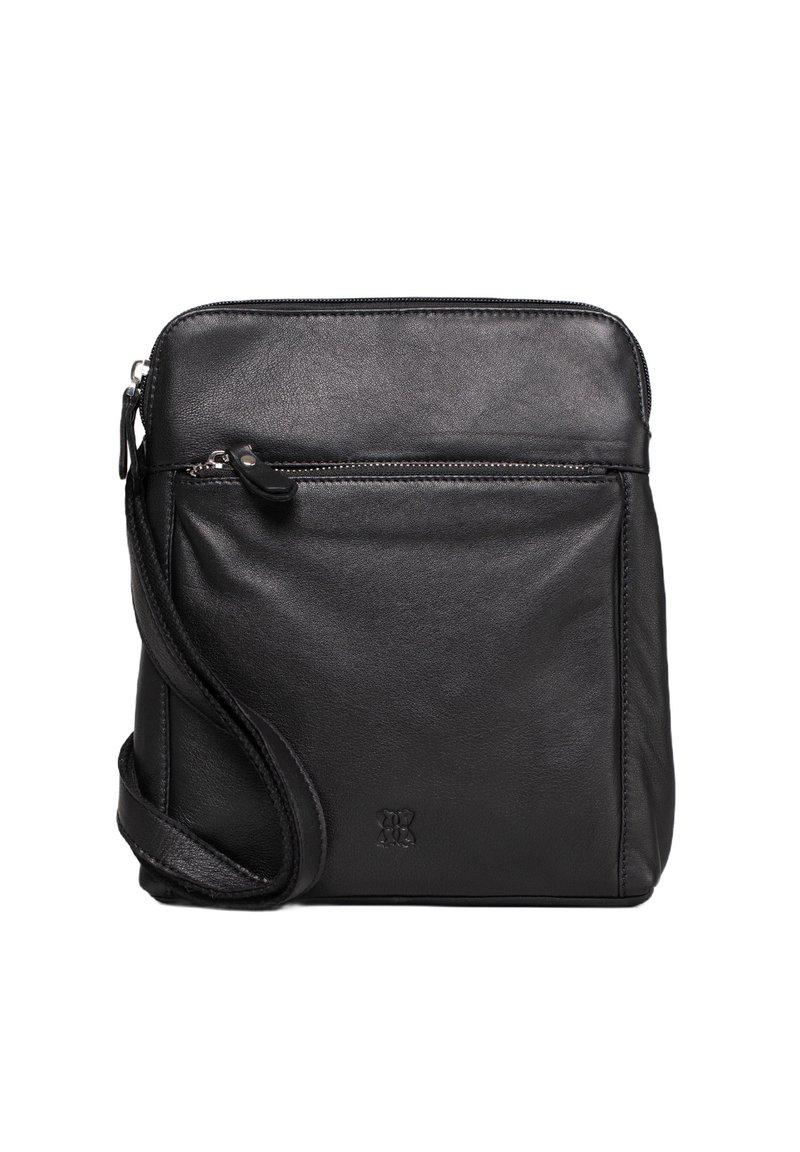 Black leather crossbody bag with a smooth texture, zippered front pocket, adjustable strap, and embossed logo detail on the front.