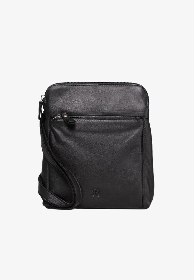 Black leather crossbody bag with a smooth texture, zippered front pocket, adjustable strap, and embossed logo detail on the front.