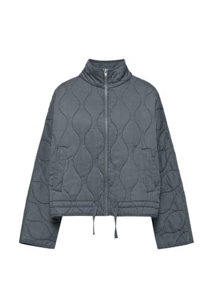 Veste matelassée gris foncé avec surpiqûres en forme de vagues, fermeture éclair frontale, col montant, manches longues, deux poches latérales et ourlet avec cordon de serrage.
