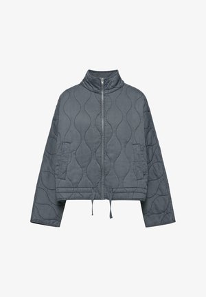 Donkergrijze gewatteerde jas met golfvormige stiknaden, rits aan de voorkant, opstaande kraag, lange mouwen, twee zakken aan de zijkant en een aantrekkoord aan de zoom.
