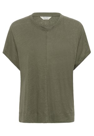 Olivovo zelené tričko s krátkym rukávom, okrúhlym výstrihom a detailom v podobe stredového švu, vyrobené z ľahkej textúrovanej tkaniny.