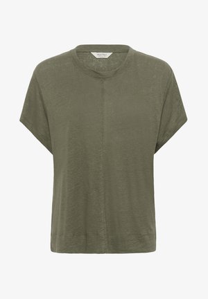 Olívazöld rövid ujjú póló kerek nyakkivágással és központi varrással, könnyű, texturált anyagból készült.