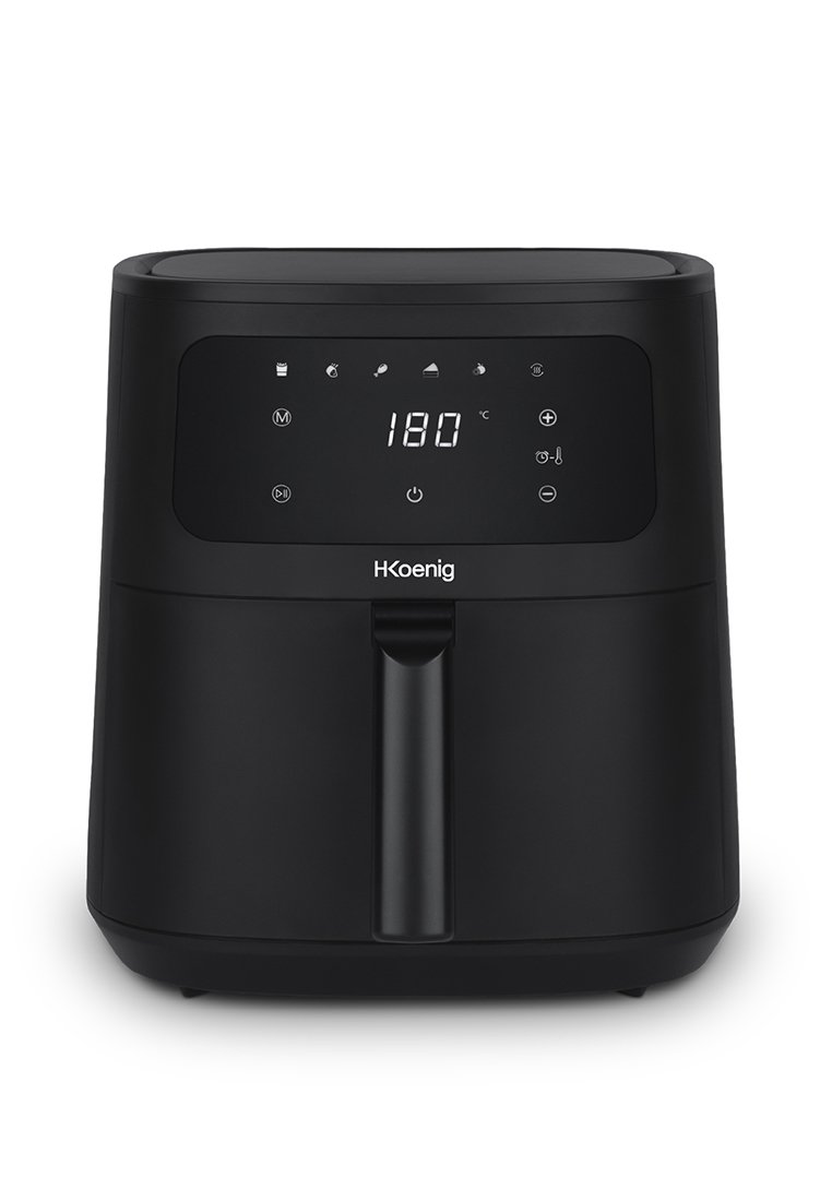 Friggitrice ad aria nera con pannello di controllo digitale, che mostra una temperatura di 180°C, pulsanti circolari e un cassetto frontale per l'accesso al cibo.