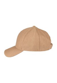 Cappello da baseball in suede beige con visiera curva e cinturino regolabile sul retro, mostrato di lato su uno sfondo bianco.