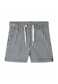 Pasiaste kąpielówki w granatowo-białe paski, z elastycznym pasem ze sznurkiem, wykonane z lekkiego materiału i w luźnym kroju.