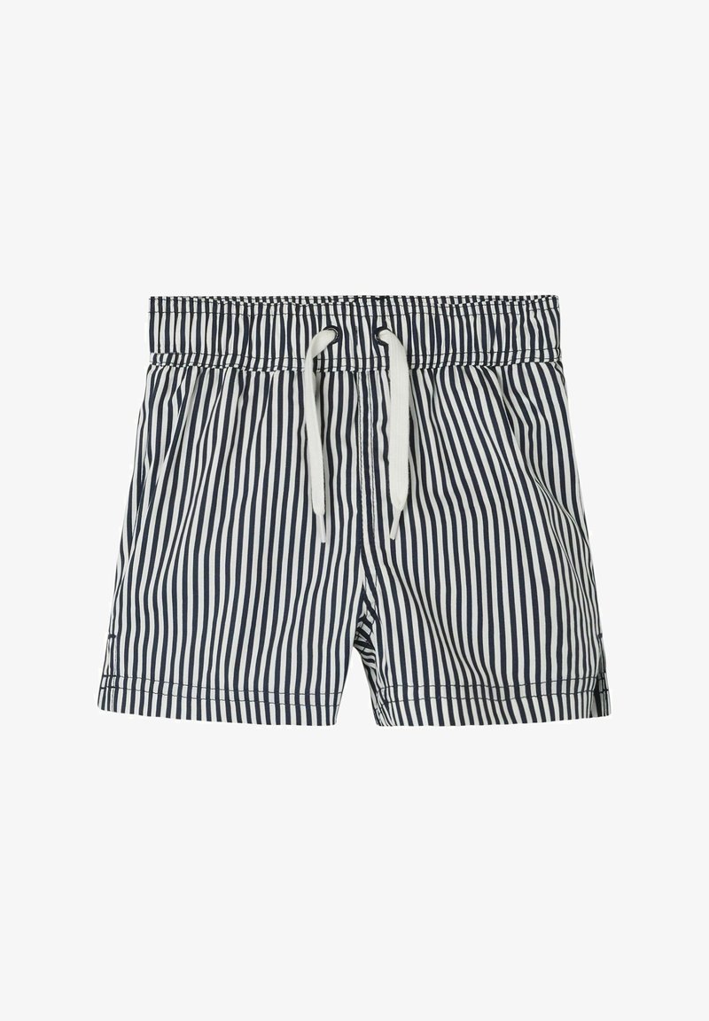 Pasiaste kąpielówki w granatowo-białe paski, z elastycznym pasem ze sznurkiem, wykonane z lekkiego materiału i w luźnym kroju.
