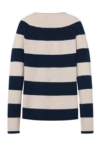 Gestreifter Pullover in Marineblau und Beige, mit langen Ärmeln, Rundhalsausschnitt und weicher Textur. Die horizontalen Streifen sind gleichmäßig verteilt.