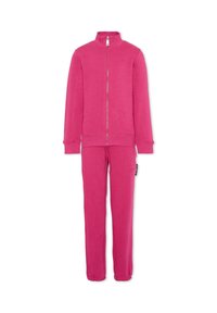 Różowy dres zapinany na zamek wykonany z miękkiego materiału, z wysokim kołnierzem, długimi rękawami oraz elastycznymi mankietami przy kostkach dla dopasowanego wyglądu.