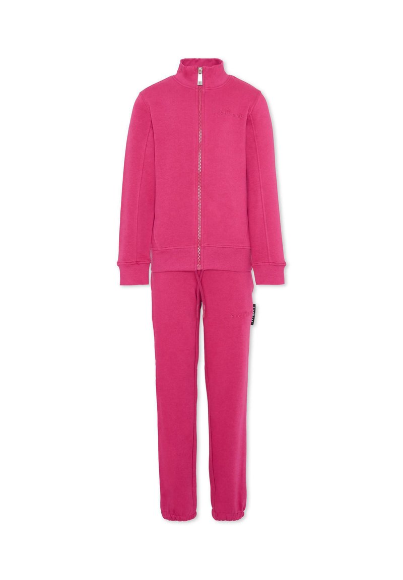 Różowy dres zapinany na zamek wykonany z miękkiego materiału, z wysokim kołnierzem, długimi rękawami oraz elastycznymi mankietami przy kostkach dla dopasowanego wyglądu.