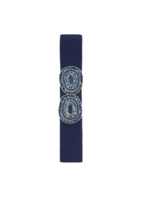 Fascia elastica blu navy con due accentuazioni ovali in perline blu, oro e verde, caratterizzata da motivi intricati e bordi metallici.