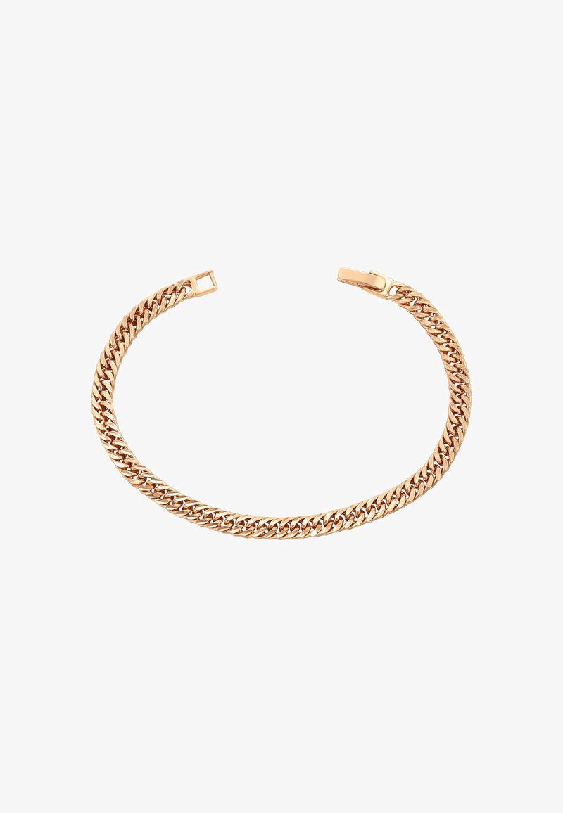 Náramek z růžového zlata s tlustým, propleteným designem řetízku. Hladký kovový povrch s bezproblémovým zapínáním pro bezpečné nošení.