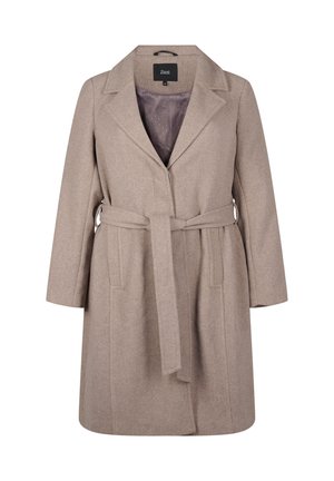 Beige Wollmischung Damenmantel mit Gürtel, Reverskragen, langen Ärmeln, Seitentaschen und satinierter Innenseite mit Punkten.