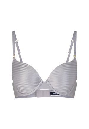 Soutien-gorge gris clair avec une texture côtelée, des coques moulées, des bretelles ajustables et une fermeture à crochets. Étiquette de marque visible sur la bande.