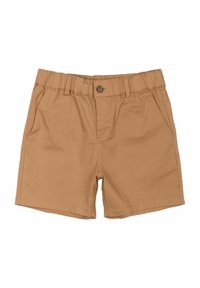 Bruna bomullsshorts med elastisk midja, framfickor och knäppning med knapp. Minimalistisk design, slät yta och längd ovanför knät.