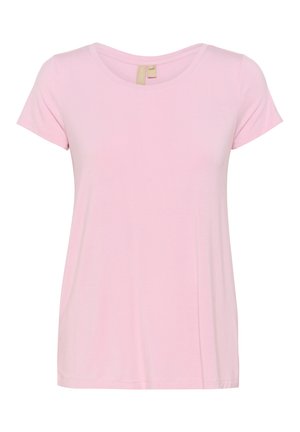 Svetloružové tričko s krátkymi rukávmi a okrúhlym výstrihom. Vyrobené z mäkkej, hladkej látky, s voľným strihom a bez viditeľných vzorov alebo akcentov.