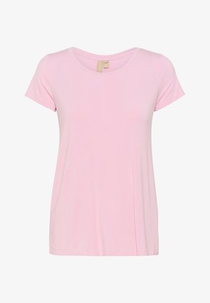 Heled roosa lühikeste varrukatega t-särk ümmarguse kaelusega. Valmistatud pehmest ja siledast kangast, millel on mugav lõige ning puuduvad nähtavad mustrid või aktsendid.