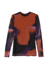 Lange mouwen top in oranje met paarse en zwarte abstracte patronen. Heeft een ronde halslijn en een gerimpelde rand langs de mouwen en de onderkant.