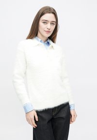 Biely nadýchaný sveter s golierom a zapínaním na gombíky, nosený cez svetlomodrú pruhovanú košeľu. Oblečenie dopĺňajú tmavé džínsy.