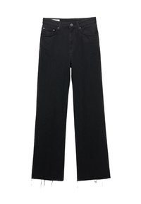 Jean en denim noir avec une coupe droite, taille mi-haute et ourlet effiloché. Dispose de deux poches avant et de matériel en métal.