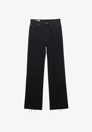 Schwarze Jeans aus Denim mit geradem Bein, mittelhoher Taille und fransigem Saum. Verfügt über zwei Vordertaschen und Metallknopf-Beschläge.