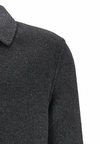 Dark gray wool coat with a notched collar, textured finish, and clean lines. Features a minimalistic design and tailored fit.