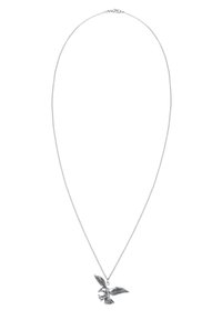Silberne Halskette mit einem detaillierten Anhänger eines fliegenden Vogels, der kunstvolle Texturen und eine feine Kette aufweist. Einfacheverschluss.