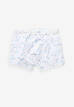 Boxer in tessuto bianco con motivi di dinosauri azzurri, vita elastica e texture liscia.