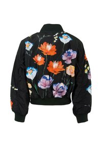 Zwarte bomberjack met kleurrijke bloemenborduursels, voorzien van een geribde kraag en manchetten, en een cropped ontwerp. Glad, lichtgewicht stof.