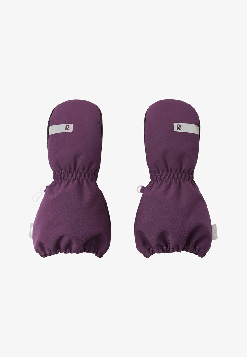 Lila Fäustlinge aus weichem Material mit elastischen Bündchen, einem reflektierenden Logoakzent und einer glatten, leicht glänzenden Textur.