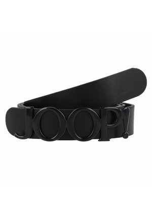 Black leather belt with large black letters spelling "JOOP!" as the buckle, coiled with one end lifted against a white background.