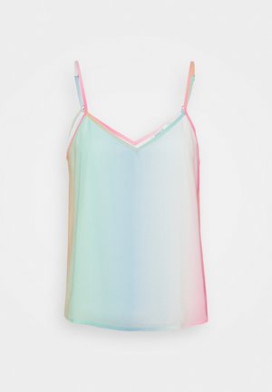 Haut camisole léger sans manches avec bretelles fines réglables, présentant un doux dégradé de couleurs pastel incluant des tons bleus, roses et pêche.
