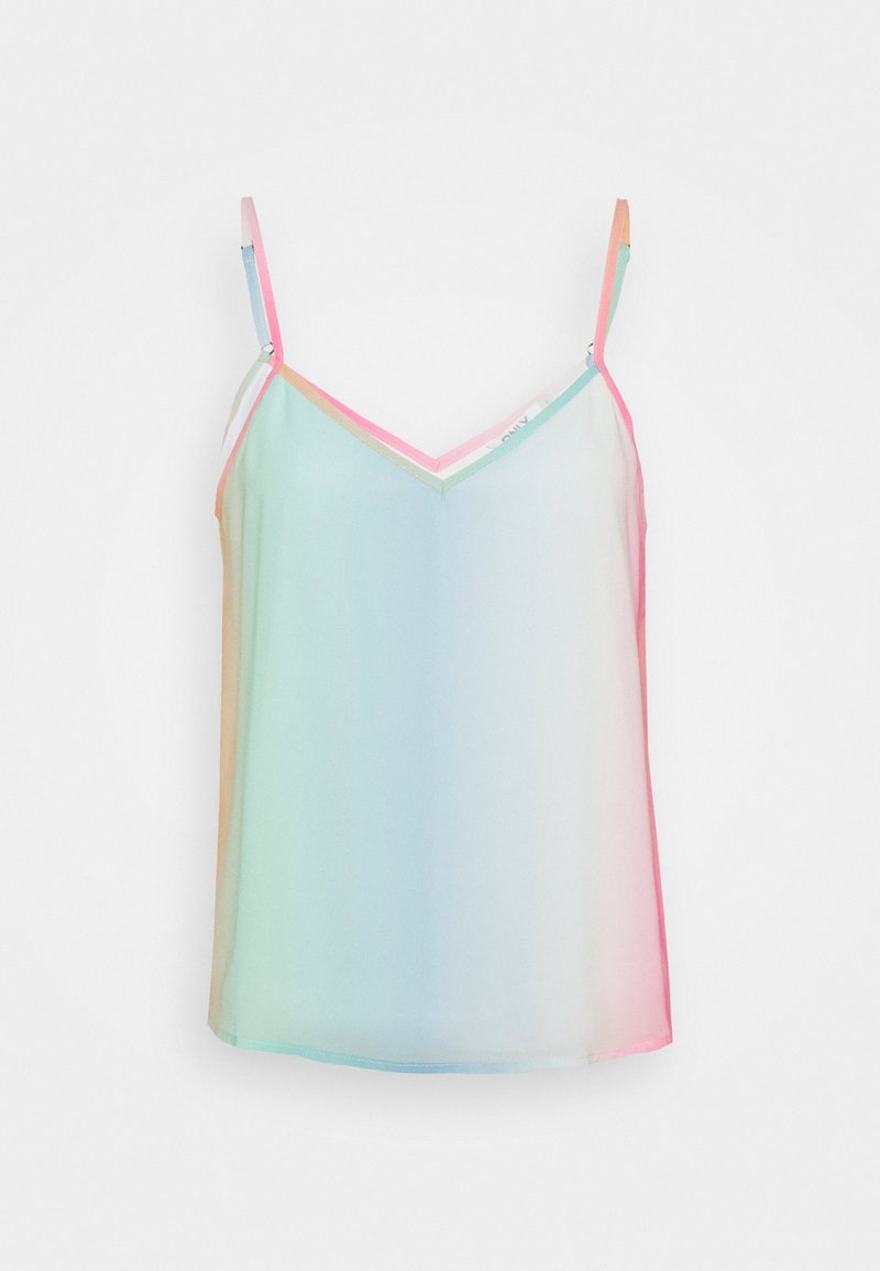 Haut camisole léger sans manches avec bretelles fines réglables, présentant un doux dégradé de couleurs pastel incluant des tons bleus, roses et pêche.